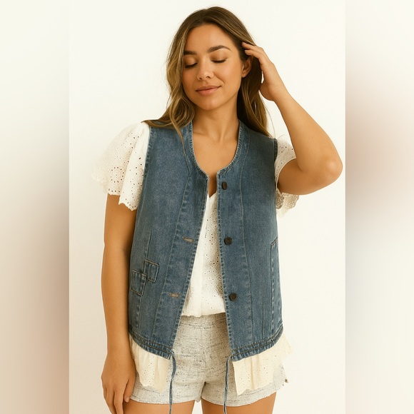NWT Blue Denim Light Acid Wash Button-up Vest Cream Ruffle hem Eyelet Detail - Picture 13 of 13
